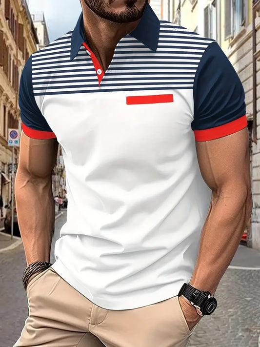 Camiseta de golfe listrada de ajuste regular, camiseta casual de gola V de manga curta