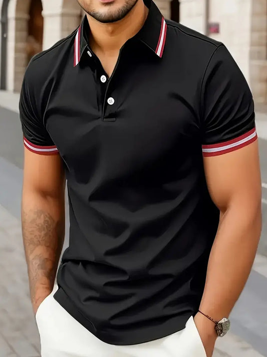 Camisete de golfe de manga curta com lapela e detalhes contrastantes para o verão