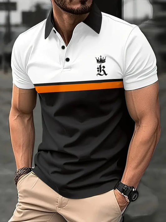 Camiseta listrada masculina  de manga curta com botões para caminhadas na cidade e actividades ao ar livre