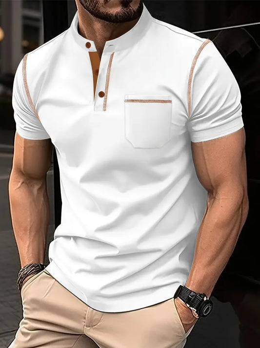 Camiseta de golfe de manga curta com gola alta para homens, estilo casual com leve elasticidade e caimento regular
