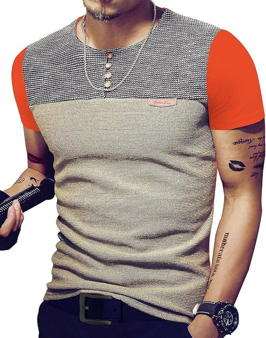 Camisetas masculinas justas casuais de manga curta com botões e costura em cores contrastantes