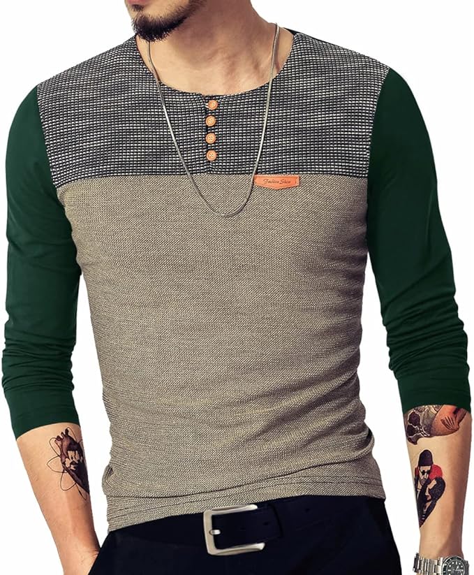 Camisetas masculinas justas casuais de manga comprida com botões e costura em cores contrastantes