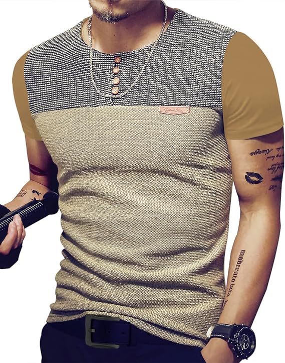 Camisetas masculinas justas casuais de manga curta com botões e costura em cores contrastantes