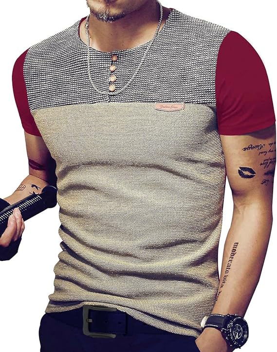 Camisetas masculinas justas casuais de manga curta com botões e costura em cores contrastantes
