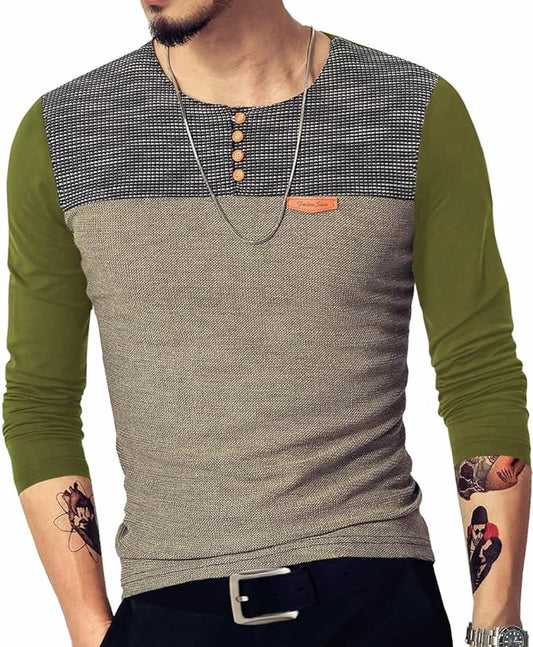 Camisetas masculinas justas casuais de manga comprida com botões e costura em cores contrastantes