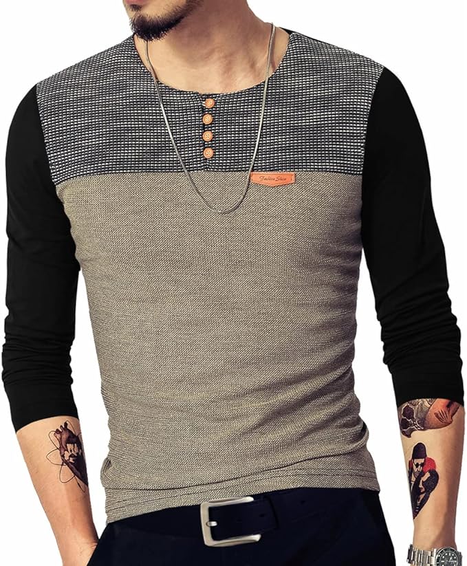 Camisetas masculinas justas casuais de manga comprida com botões e costura em cores contrastantes