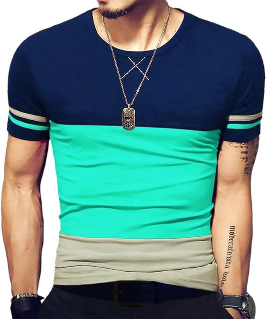 Camiseta masculina slim fit de manga curta, camiseta de algodão com costura em cores contrastantes