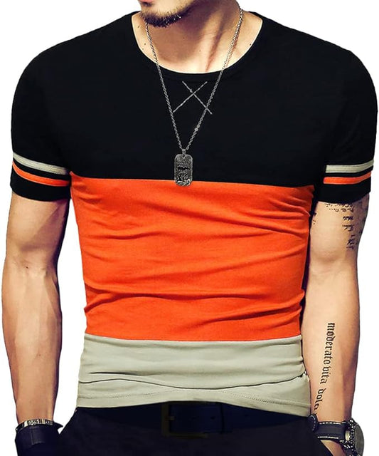 Camiseta masculina slim fit de manga curta, camiseta de algodão com costura em cores contrastantes