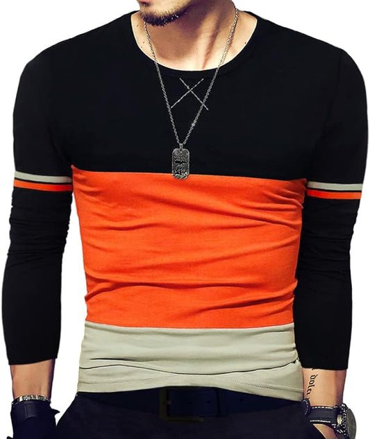 Camiseta masculina slim fit de manga curta, camiseta de algodão com costura em cores contrastantes