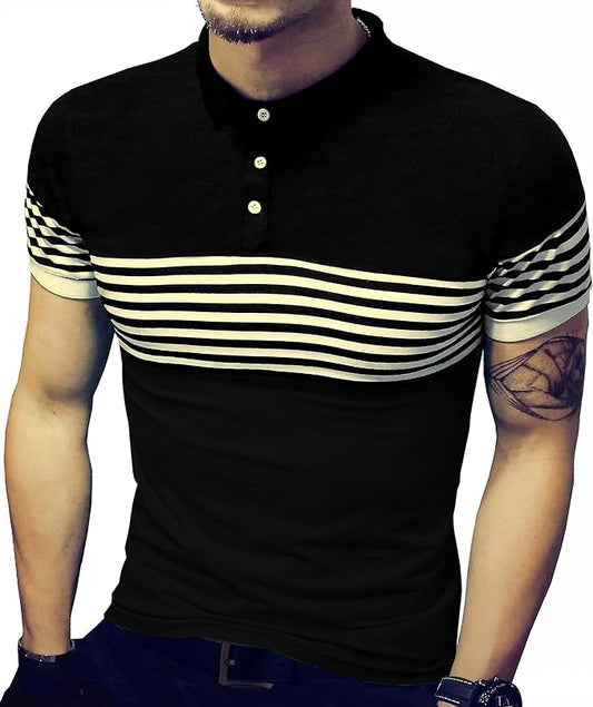 Camisetas masculinas verão slim fit contraste cor costura listrada manga curta polo casual