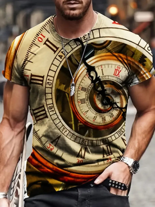 Camiseta masculina engraçada de impressão 3D com estampa abstrata de relógio