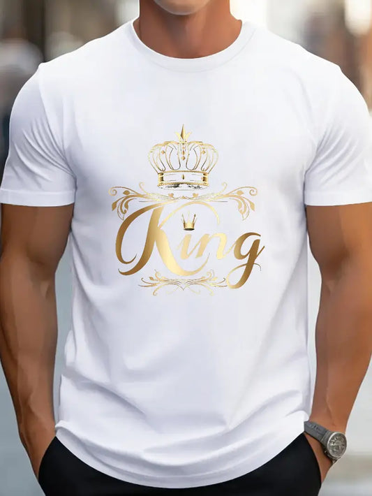 Camiseta masculina de algodão puro  com design de coroa de rei em dourado