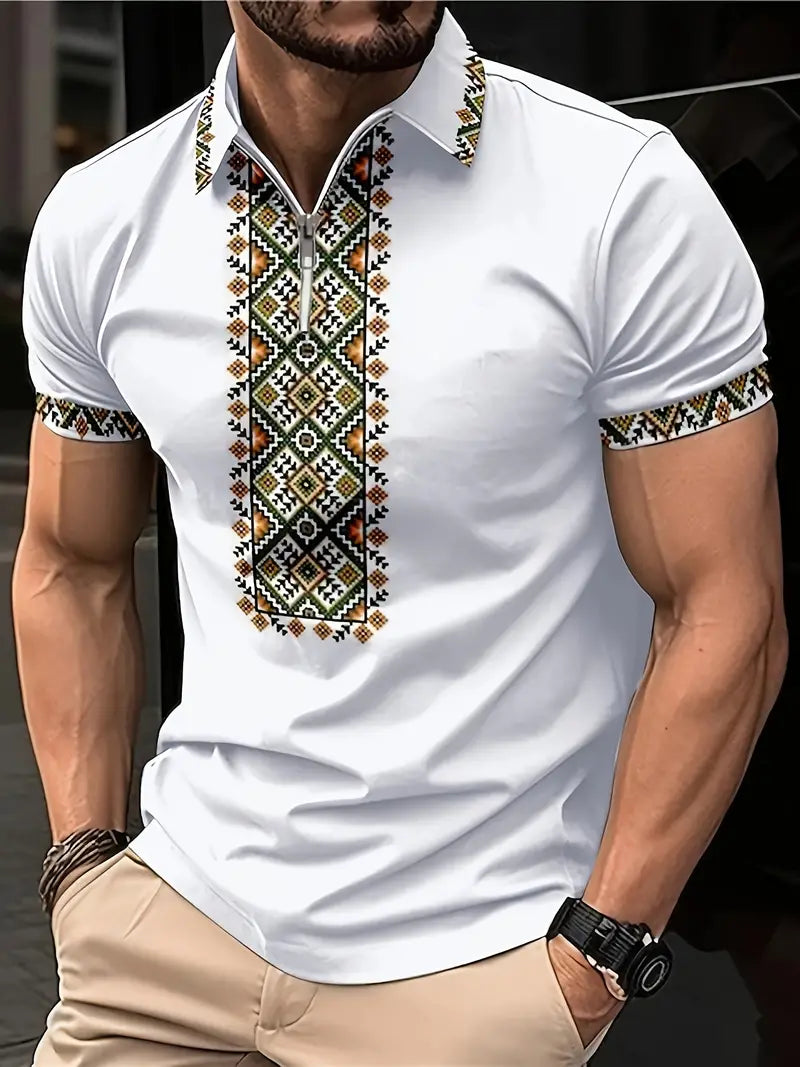 Camiseta de manga curta confortável e personalizada com padrão geométrico