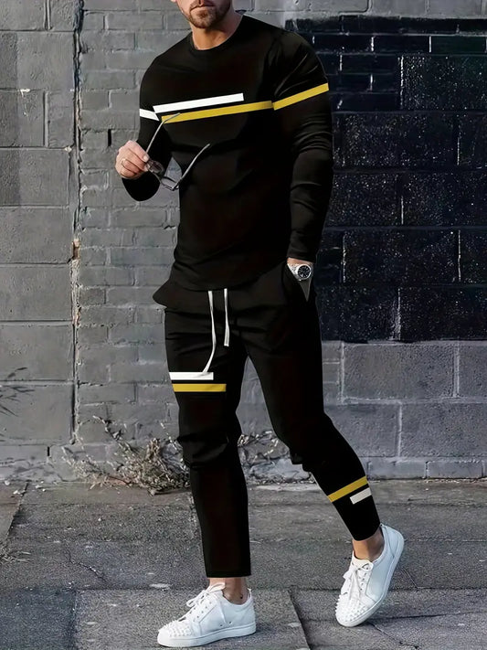 Conjunto de 2 peças de lazer de verão masculino, camiseta masculina de manga cumprida, gola redonda