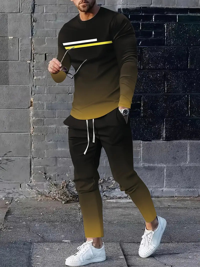 Conjunto de 2 peças de lazer de verão masculino, camiseta masculina de manga cumprida, gola redonda