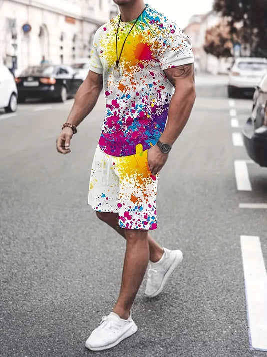 Conjunto de 2 peças de lazer de verão masculino, camiseta masculina de manga curta, gola redonda e shorts com cordão