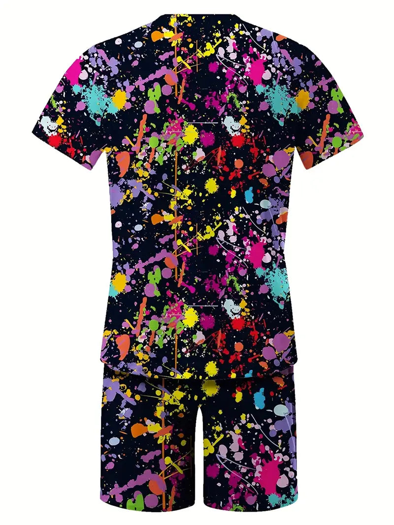 Conjunto de 2 peças de lazer de verão masculino, camiseta masculina de manga curta, gola redonda e shorts com cordão