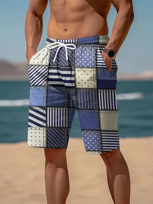 Shorts Casuais diários com estampa digital de blocos de cores retrô e cordão com bolsos para esportes