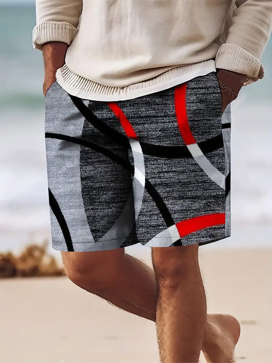 Shorts masculinos com padrão geométrico e cordão, com bolsos, ideal para Passeios