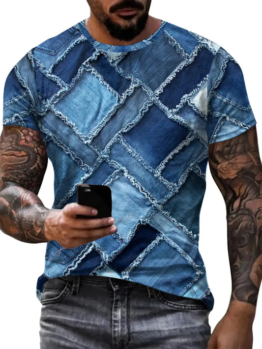 Camiseta com padrão de retalhos em denim 3D, com gola redonda e mangas curtas