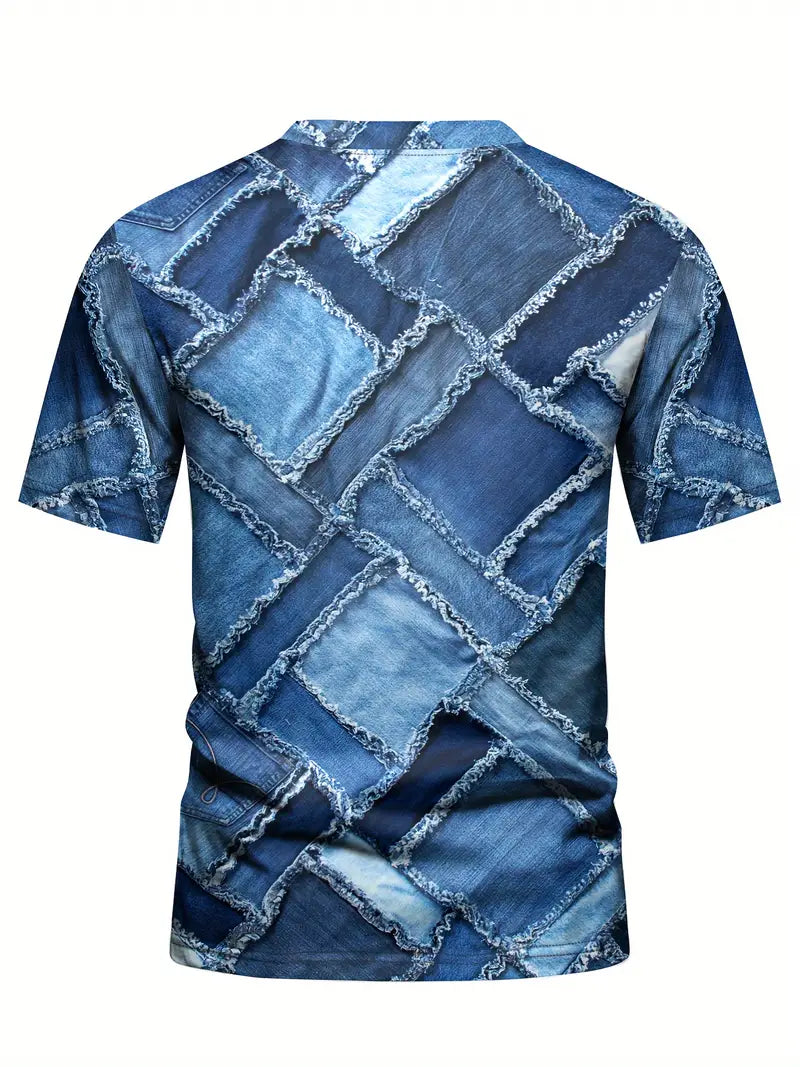 Camiseta com padrão de retalhos em denim 3D, com gola redonda e mangas curtas