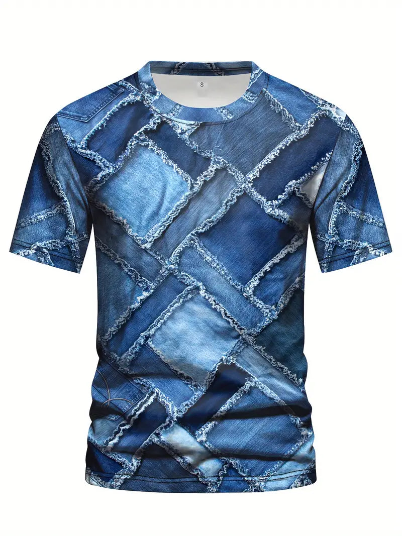 Camiseta com padrão de retalhos em denim 3D, com gola redonda e mangas curtas