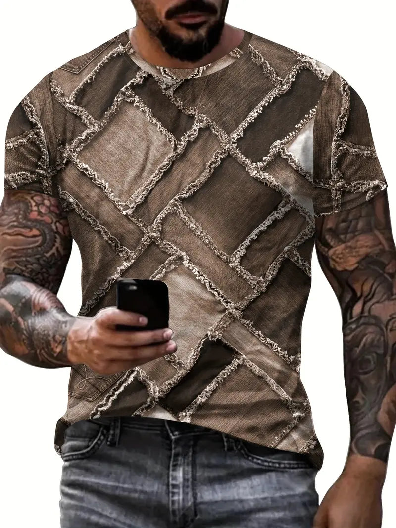 Camiseta com padrão de retalhos em denim 3D, com gola redonda e mangas curtas
