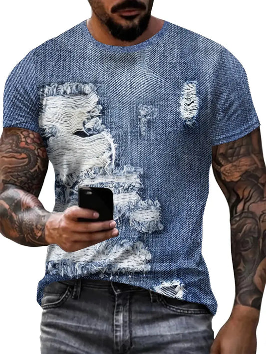 Camiseta criativa de manga curta com Estampa digital de Jeans Rasgado