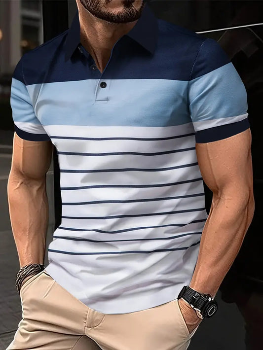 Camiseta de golfe listrada masculina, casual e respirável, com meio botão e mangas curtas