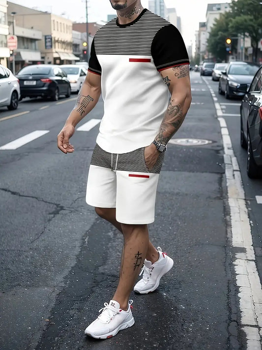 Conjunto de 2 peças de lazer de verão masculino, camiseta masculina de manga curta, gola redonda e shorts com cordão