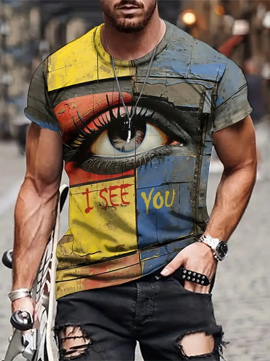 Camiseta gráfica masculina com bloco de cores, com estampa 3D