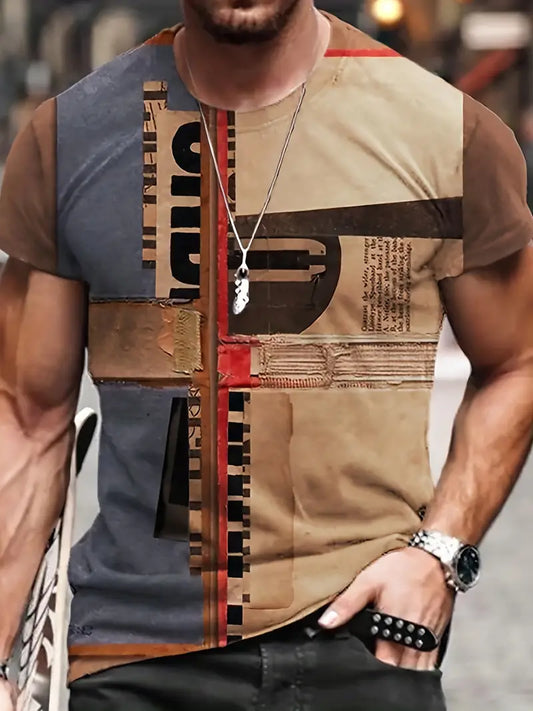 Camiseta masculina criativa com bloco de cores, manga curta e gola redonda