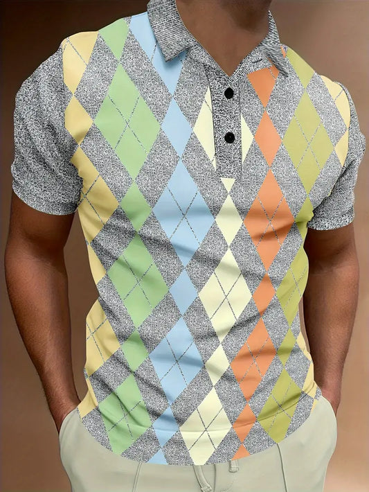 Camiseta de manga curta com Lapela em Padrão Argyle de Blocos de cores Vintage