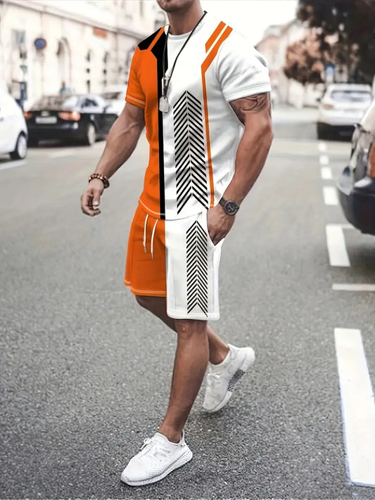 Conjunto de 2 peças de lazer de verão masculino, camiseta masculina de manga curta, gola redonda e shorts com cordão