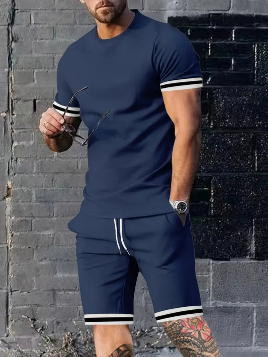 Conjunto de 2 peças de lazer de verão masculino, camiseta masculina de manga curta, gola redonda e shorts com cordão