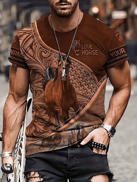 Camiseta masculina de manga curta com estampa em 3D de cavalo